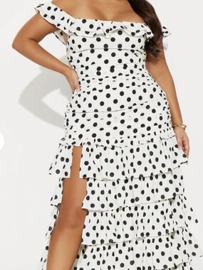 Fashion Nova White and Black Polka Dot One-Shoulder Ruffle Maxi Dress